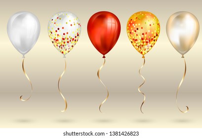 Set of 5 shiny red and gold realistic 3D helium balloons for your design. Glossy balloons with glitter and gold ribbon, perfect decoration for birthday party brochures, invitation card or baby shower.