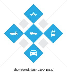 Set of 5 shipping icons set. Collection of coupe, airplane, truck and other elements.