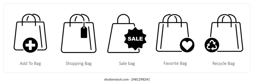 A set of 5 Shopping icons as add to bag, shopping bag, sale bag