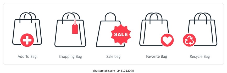 A set of 5 Shopping icons as add to bag, shopping bag, sale bag