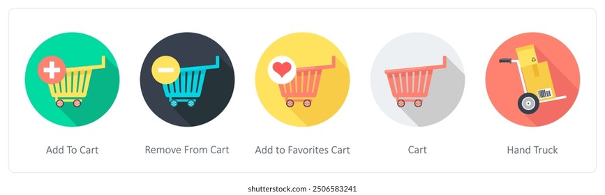 A set of 5 shopping icons as add to cart, remove from cart, add to favorite cart