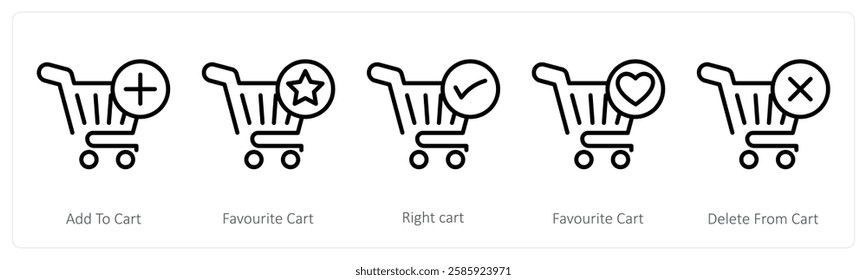 A set of 5 shopping icons as add to cart, favorite cart, right cart