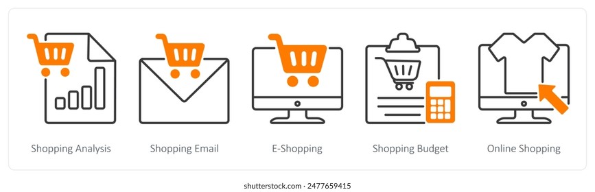 Un conjunto de 5 iconos de compras como análisis de compras, correo electrónico de compras, e-shopping