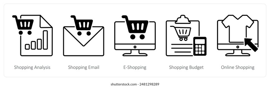 Un conjunto de 5 iconos de compras como análisis de compras, correo electrónico de compras, e-shopping
