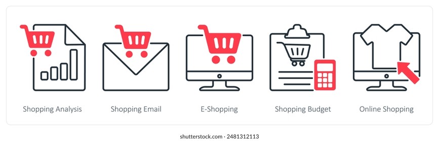 Un conjunto de 5 iconos de compras como análisis de compras, correo electrónico de compras, e-shopping