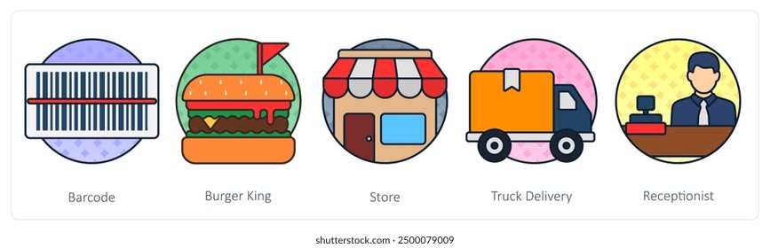 A set of 5 shopping icons as bar code, burger king, store