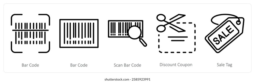 A set of 5 shopping icons as bar code, scan bar code, discount coupon