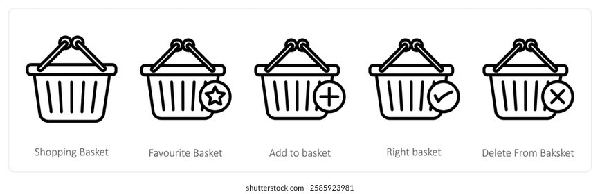 A set of 5 shopping icons as shopping basket, favorite basket, add to basket