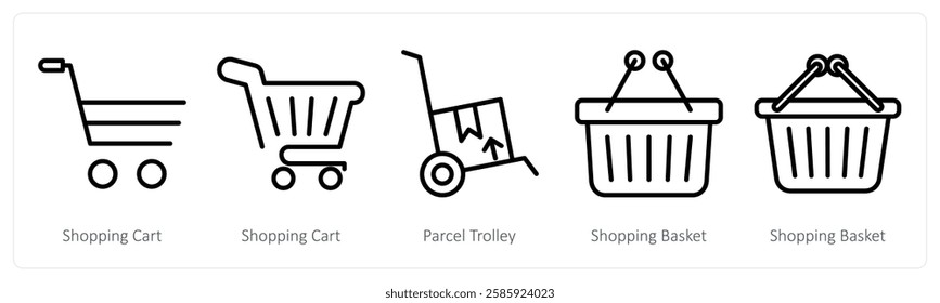 A set of 5 shopping icons as shopping cart, parcel trolley, shopping basket