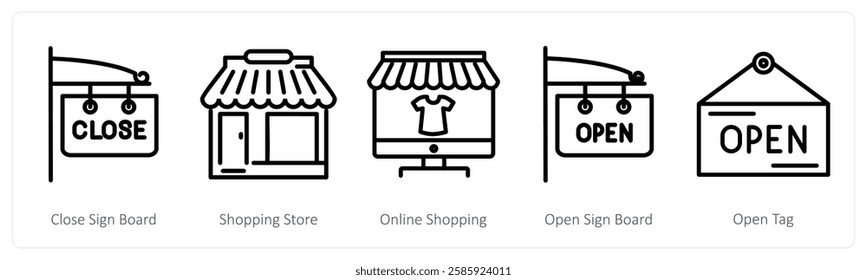 A set of 5 shopping icons as close sign board, shopping store, online shopping