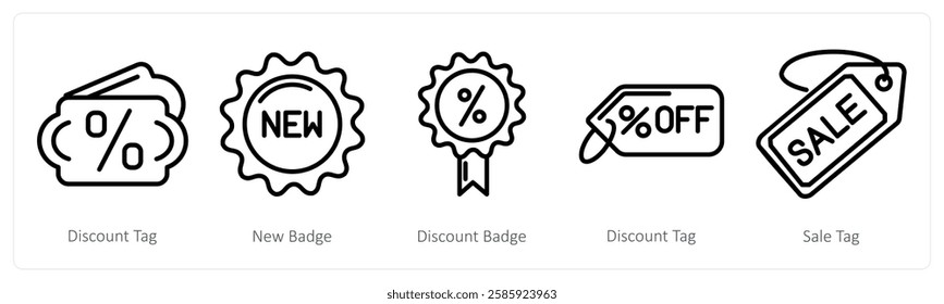 A set of 5 shopping icons as discount tag, new badge, discount badge