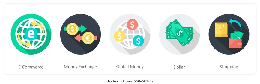 A set of 5 shopping icons as e commerce, money exchange, global money