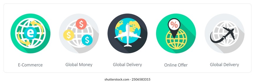 A set of 5 shopping icons as e commerce, global money, global delivery