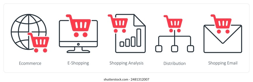 Un conjunto de 5 iconos de compras como ecommerce, e-shopping, análisis de compras