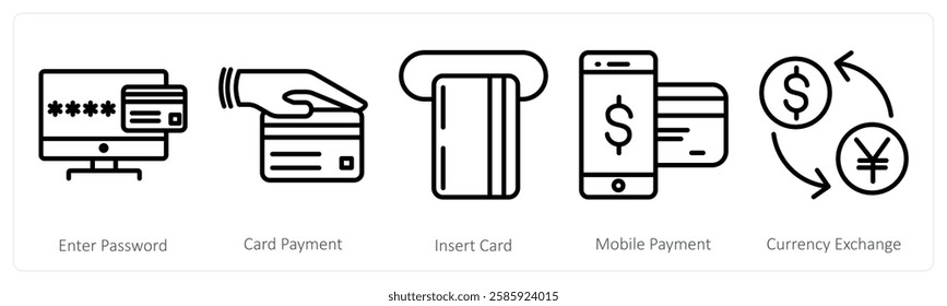 A set of 5 shopping icons as enter password, card payment, insert card