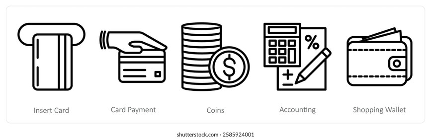 A set of 5 shopping icons as insert card, card payment, coins