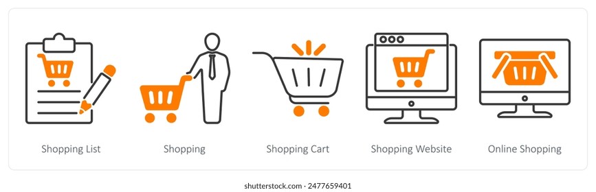 Ein Set von 5 Shopping-Icons als Einkaufsliste, Einkaufen, Warenkorb