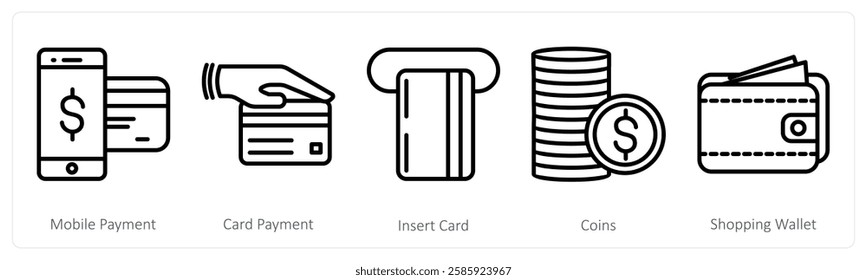 A set of 5 shopping icons as mobile payment, card payment, insert card