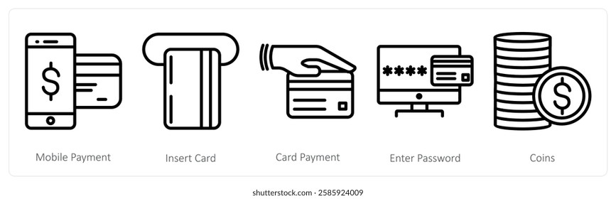 A set of 5 shopping icons as mobile payment, insert card, card payment