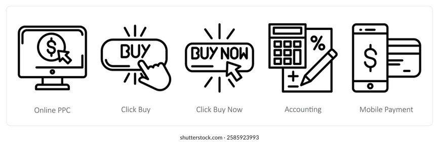 A set of 5 shopping icons as online ppc, click buy, click buy now