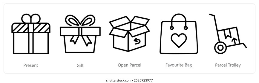 A set of 5 shopping icons as present, gift, open parcel