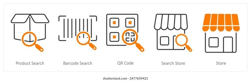 Un conjunto de 5 iconos de compras como búsqueda de productos, búsqueda de código de barras, código QR