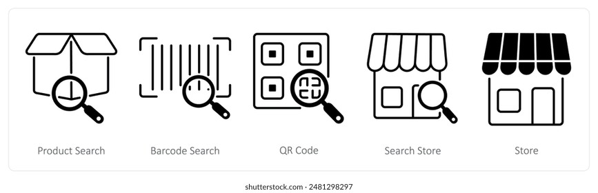 Un conjunto de 5 iconos de compras como búsqueda de productos, búsqueda de código de barras, código QR