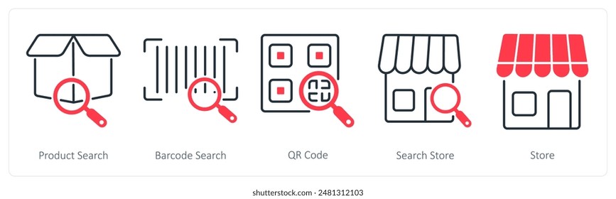 Un conjunto de 5 iconos de compras como búsqueda de productos, búsqueda de código de barras, código QR