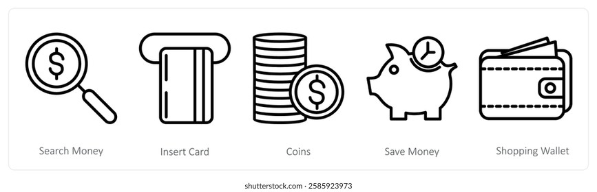 A set of 5 shopping icons as search money, insert card, coins