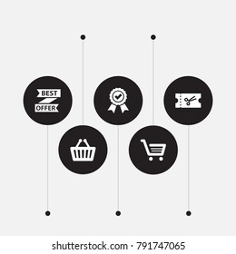 Set Of 5 Shopping Icons Set.Collection Of Guarantee, Ticket, Basket And Other Elements.