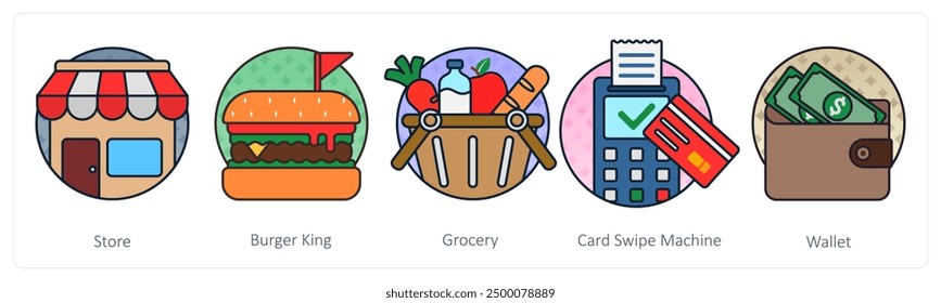 A set of 5 shopping icons as store, burger king, grocery