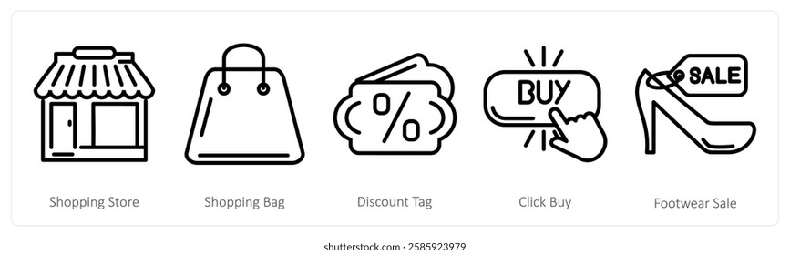 A set of 5 shopping icons as shopping store, shopping bag, discount tag