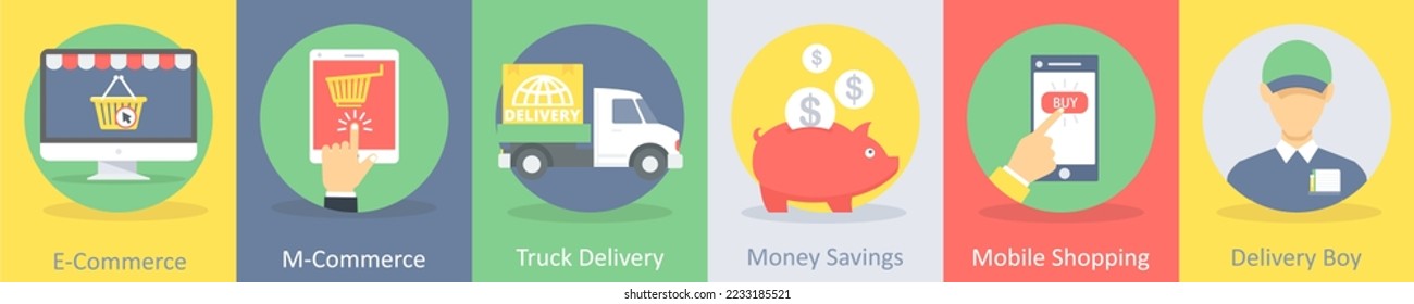 A set of 5 shopping icons such as e-commerce, m-commerce