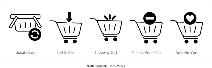 A set of 5 Shopping icons as update cart, add to cart, shopping cart