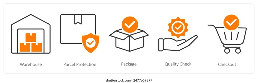 A set of 5 Shopping icons as warehouse, parcel protection, package