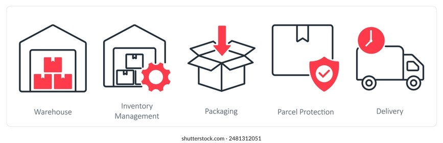 A set of 5 Shopping icons as warehouse, inventory management, packaging