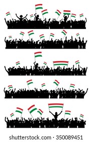 A set of 5 silhouettes of cheering or protesting crowd of people with Hungarian flags and banners.