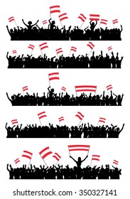 A set of 5 silhouettes of cheering or protesting crowd of people with Austrian flags and banners.