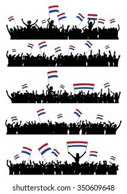 A set of 5 silhouettes of cheering or protesting crowd of people with flags and banners of Netherlands.