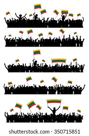 A set of 5 silhouettes of cheering or protesting crowd of people with Lithuanian flags and banners.