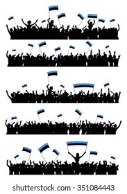 A set of 5 silhouettes of cheering or protesting crowd of people with Estonian flags and banners.