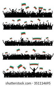 A set of 5 silhouettes of cheering or protesting crowd of people with Bulgarian flags and banners.