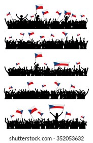 A set of 5 silhouettes of cheering or protesting crowd of people with Czech flags and banners.