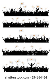 A set of 5 silhouettes of cheering or protesting crowd of people with flags and banners of Cyprus.