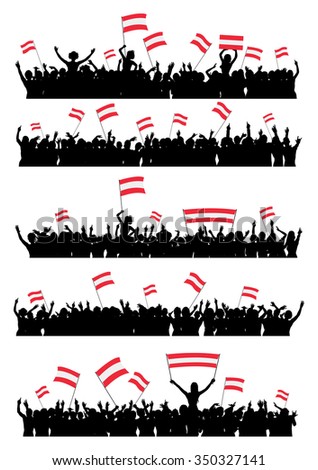 A set of 5 silhouettes of cheering or protesting crowd of people with Austrian flags and banners.
