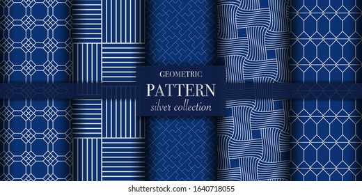 Set of 5 silver luxury geometric pattern background texture. Abstract dotted line. Polka dot style vector illustration for wallpaper, flyer, cover, design. Repeating circle ornament, backdrop element