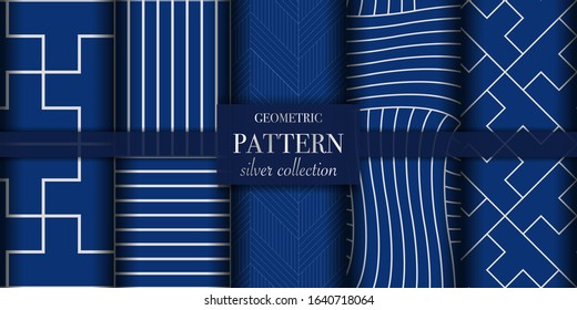 Set of 5 silver luxury geometric pattern background texture. Abstract dotted line. Polka dot style vector illustration for wallpaper, flyer, cover, design. Repeating circle ornament, backdrop element
