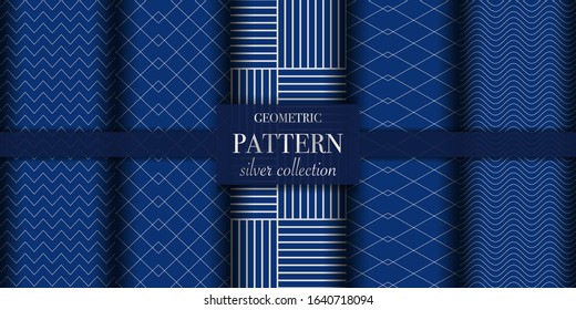Set of 5 silver luxury geometric pattern background texture. Abstract dotted line. Polka dot style vector illustration for wallpaper, flyer, cover, design. Repeating circle ornament, backdrop element