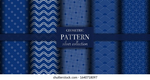 Set of 5 silver luxury geometric pattern background texture. Abstract dotted line. Polka dot style vector illustration for wallpaper, flyer, cover, design. Repeating circle ornament, backdrop element