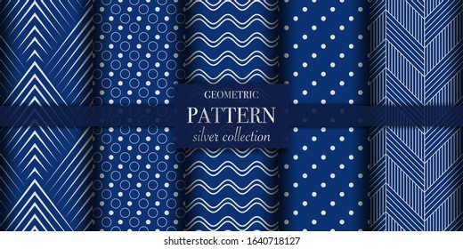 Set of 5 silver luxury geometric pattern background texture. Abstract dotted line. Polka dot style vector illustration for wallpaper, flyer, cover, design. Repeating circle ornament, backdrop element